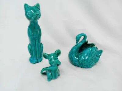 Buy 3 Vintage Retro Anglia Pottery Turquoise Figurines - Cat, Swan, Mouse • 19£