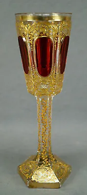 Buy Moser Cranberry Cut To Clear Cabochon Enamel Scrollwork & Gold Champagne Flute • 316.24£