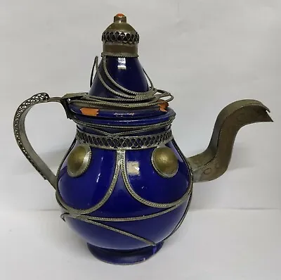 Buy Arabic Blue Enameled Pottery Tea Por Middle East Islamic Brass Frame Unique • 61.64£