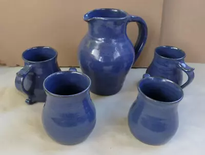 Buy Blue Studio Pottery Jug And 4 Mugs- 17cm Tall Jug - 9.5cm Tall Mugs • 9.95£