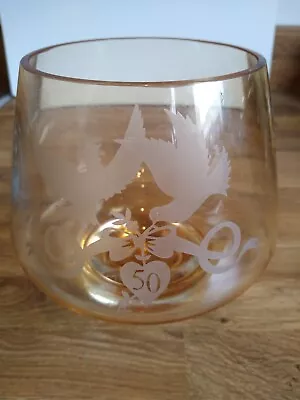 Buy CAITHNESS Vintage  Amber Glass ROSE BOWL Etched 50th Anniversary Doves Bows • 15£