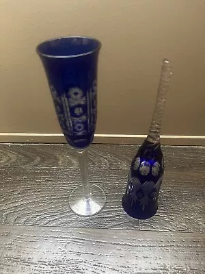 Buy (2) Vintage Bohemian Cobalt Blue Czech Champagne Glass Flute Long Stemmed • 18.94£