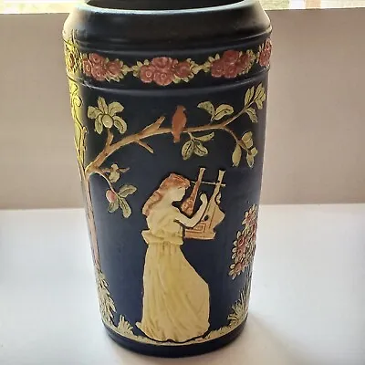 Buy Weller Blue Ware Pottery Vase Maiden Playing Lyre/harp Rose Blossom Garland • 284.51£