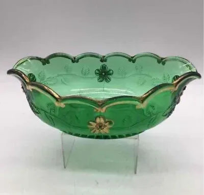 Buy Antique Early American Pattern Emerald Gilded Green Dogwood Fruit Banana Dish • 22.72£