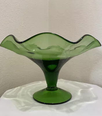 Buy Vintage Green Art Glass Pedestal Bowl Ruffle Edge Large Compote Blown Glass Dish • 18.97£