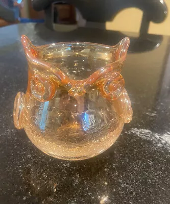 Buy Crackle Art Glass OWL Hand Blown MARIGOLD Amber VOTIVE HOLDER Vase • 13.23£