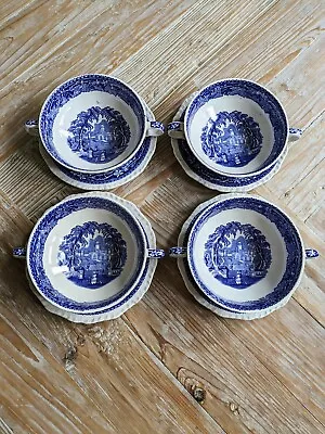 Buy 4xMasons Patent Ironstone Blue & White  Vista  Pattern Soup Coupe With Saucers • 90£