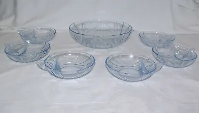 Buy Art Deco 7 Piece Blue Glass Fruit Set With Handles & Divided Nappy Bowls Vintage • 50£