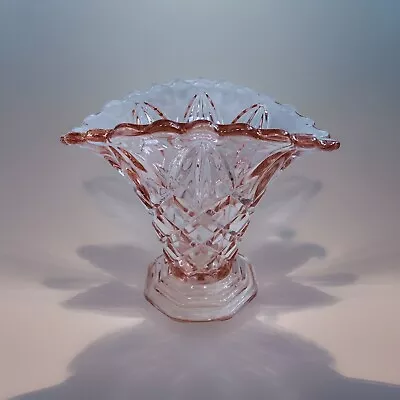 Buy Vintage Pink Pressed Glass Vase Large Heavy Fan Shaped Hexagon Base 22cm Tall • 8£