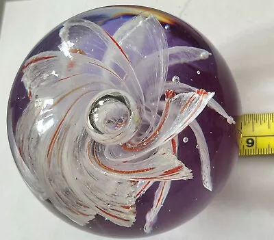 Buy Art Glass Paperweight With Purple Base With Red & White Swirls. • 0.99£