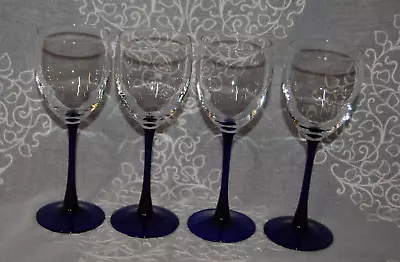 Buy Set Of 4 Cobalt Blue Stem Clear Glass Wine Glasses 7 3/4  EUC • 19£