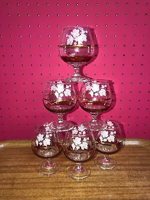 Buy Bohamian Style Cognac Glasses Set Of 6 Leaves Decor Vintage Beautiful Drinkware • 24.99£