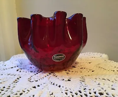 Buy Vintage Kanawha RED Glass Bowl Hand Crafted Ruffled Crackled On Bottom • 24.11£
