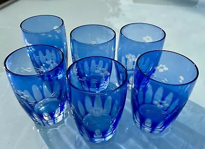 Buy Vintage Bohemian Glass Tumblers Blue Cut To Clear Set Of 6 • 30£