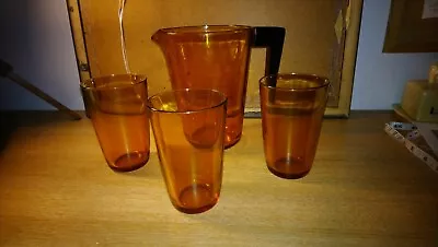 Buy Vintage French VERECO 1970's  Amber Pitcher Jug And 3 Glasses,  Summer • 15£