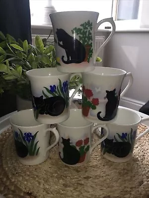 Buy Queens Black Cat Mugs X 6 Fine Bone China Flowers  • 20£