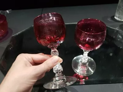 Buy Wine Glasses Antique Cranberry Crystal Etch Clear Bubble Stem Baccarat St Louis • 142.93£
