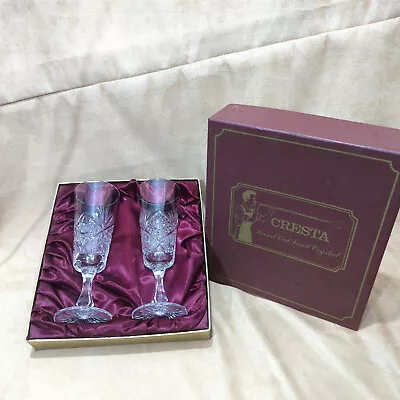 Buy Cresta Gift Set 2 Hand Cut Lead Crystal Champagne Flutes Glasses High Decorated • 29.99£