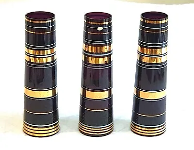 Buy 3 X Vintage Czech Borske Sklo Tapered Vases Purple Glass With Gold & White Bands • 39.99£