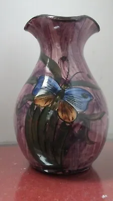 Buy Longpark  POTTERY Torquay Devon Small Pinched Vase Butterfly On Mauve  10.5 Cm • 12£
