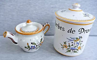 Buy French Faience - Moustiers - Fait Main - LIDDED CONTAINER & 1 Cup TEAPOT- VGC • 8.99£