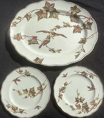 Buy Rare Vintage 1930s Oriental Ivory Bird Leaf Platter & 2 Side Plates • 30£