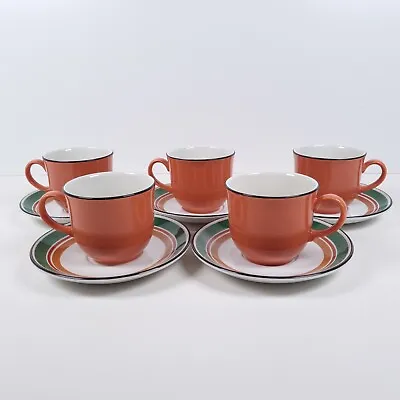 Buy Staffordshire Tableware Cups & Saucers Orange Green Striped England Set Of 5 • 27.11£