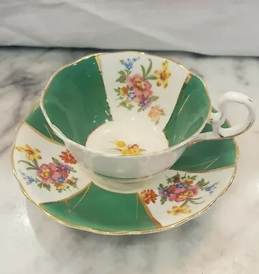 Buy Vintage Radfords Bone China Tea Cup & Saucer Green Hand Painted Rose Floral Gold • 28.46£