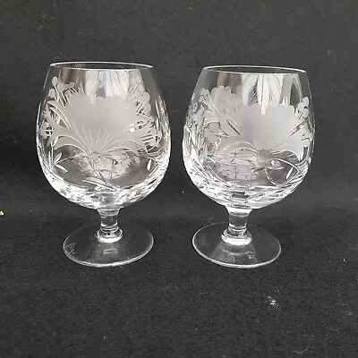 Buy 2 X Royal Brierley Honeysuckle Design Cut Glass Brandy Glasses Signed • 22.99£