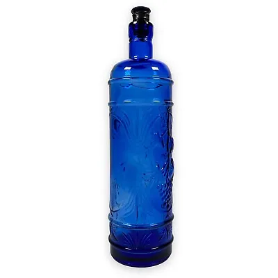 Buy Tall Round Cobalt Blue Glass Bottle Decorative Floral Grape Pattern Textured • 19.99£