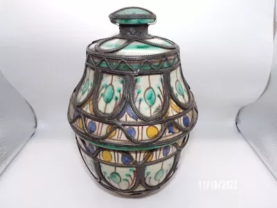 Buy Antique Moroccan Moorish Vase Ceramic With Silver Filigree 8 1/2  Tall • 187.78£