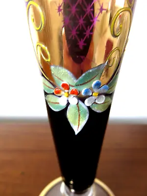 Buy Vintage Czech Bohemian Hand-painted Burgundy Glass Bud Vase - Gilding & Flowers • 9.99£