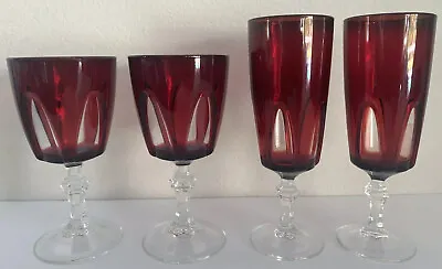 Buy Beautiful Art Deco Vintage France Ruby Red Glasses Goblets Set Of 4 Cut To Clear • 28.81£