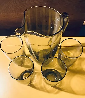 Buy Vintage Smoked Glass 9.5”  Jug & Four 5” Glasses Lemoade Water Set  Mid Century • 25£
