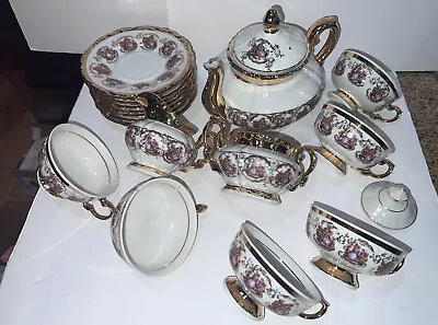 Buy Tea Set Bavaria Germany Courting Couple Tea Pot Cream Sugar 6 Cup Saucers Gold • 184.37£