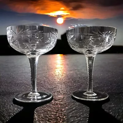 Buy 2 Vtg Etched Crystal Champagne Glasses Coupe Cordial Cocktail Floral Art Deco • 28.76£