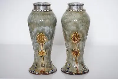 Buy Pair Royal Doulton Lambeth Art Nouveau Silver Mounted Vases - C.1910 • 375£