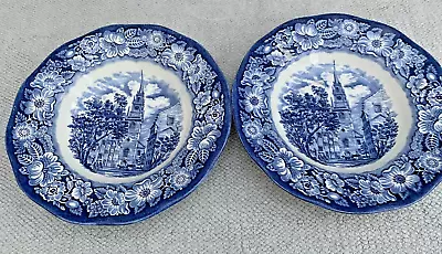 Buy Pair  Staffordshire Ironstone LIBERTY BLUE Colonial Old North Church Soup Bowls • 10£