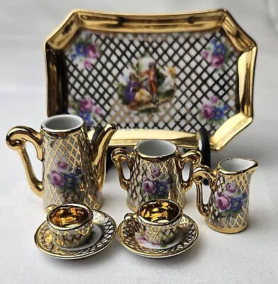 Buy Limoges France Porcelain  Gold Leaf And Floral Miniature Tea Set & Detailed Tray • 39.99£