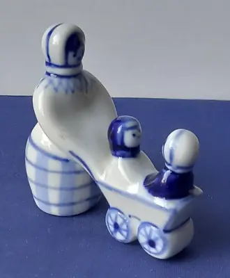 Buy Vintage USSR Hand Painted Blue & White Gzhel Figurine Of  Mother & Pram  1970's • 12£