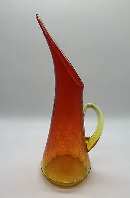 Buy Vintage MCM 14  Orange Red Amberina KANAWHA Crackle Glass Handled Pitcher Ewer • 23.36£