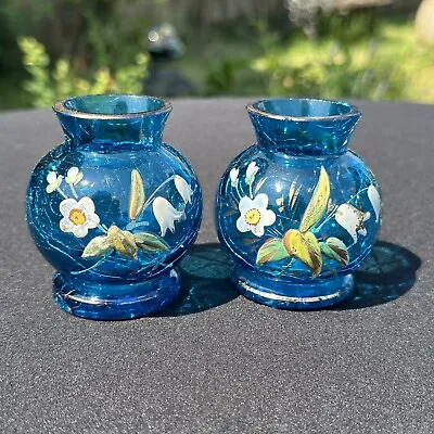 Buy Moser Harrach Glass Crackle Vases Enamel Flowers Blue 1900 • 60£