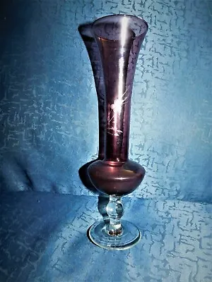 Buy Elegant Amethyst Glass Vase With Clear Stem & Base Pretty Etched Flowers 8.5  • 7£