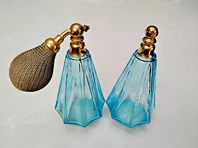 Buy Pair Of Vintage Blue Glass Purfume Bottles With Atomizer • 30£