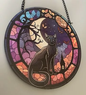 Buy HD Black Cat Night Sun Catcher Multi-Coloured Hanging Decor Stained Glass Effect • 5.95£