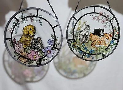 Buy 2x Vintage Leaded Glass Sun Catchers Signed BJR- Cats Dog Ginger Tux Tabby Lab  • 24.99£