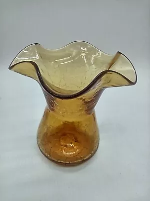 Buy Vintage 5” Hand Blown Amber Crackle Glass Fluted Rim Vase • 14.36£