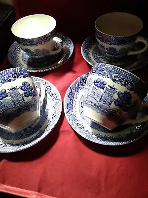 Buy Vintage Barratts Of Staffordshire Blue And White Cups & Saucers~willow ~set Of 4 • 30£