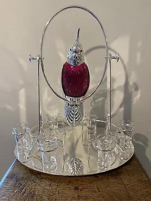 Buy Cranberry Glass & Silver Plated Bird On Swing  Decanter Set Claret Shot Glasses • 540£