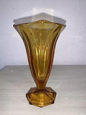 Buy Vintage Art Deco Amber Glass Octagon Footed Fluted Trumpet Vase - 15cm • 12.99£